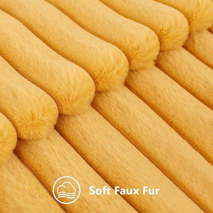decorUhome Faux Fur Throw Pillow Covers 24x24 Set of 2, Decorative Soft Plush Striped Neutral Euro Pillow Covers with Velvet Back for Bed, Living Room Home Decor, Mustard Yellow