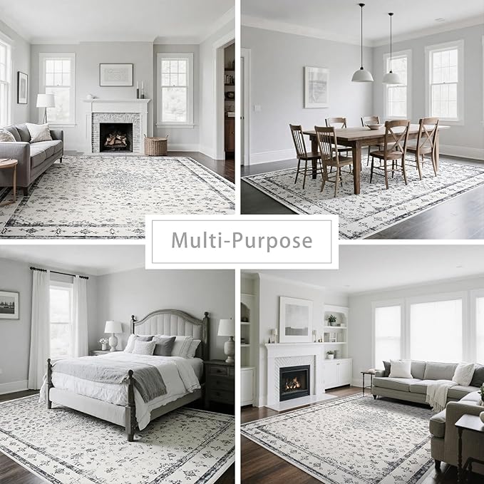 Washable Rugs 8x10 Area Rugs for Living Room,Rugs for Bedroom,Large Carpets,Ultra Soft Faux Wool Retro Dining Room Rug,Non Slip&Non-Shedding Low Pile Vintage Print Rug for Home Office-Grey