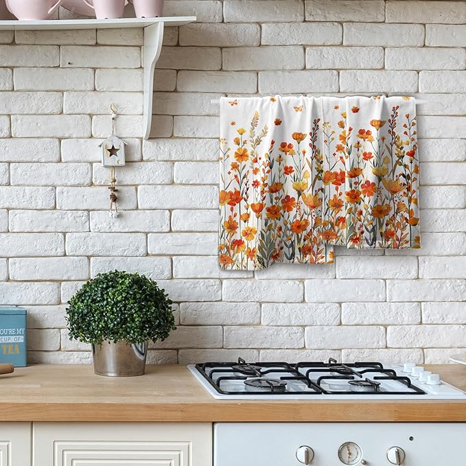 Watercolor Orange Daisy Hand Towels Autumn Floral Botanical Decorative Thanksgiving Seasonal Kitchen Spa 28x14