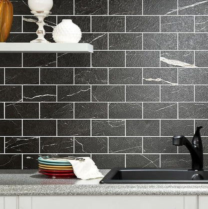 AULIGET 3" x 6" Subway Tile Peel and Stick Backsplash, Thick PVC Stick on Wall Tiles (4, Black Marble with White Grout)