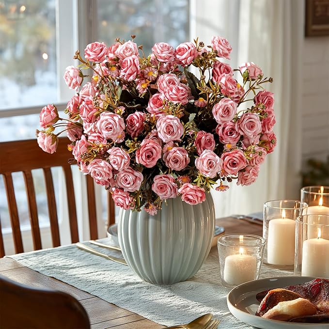 Artificial Flowers for Outdoor 4 Bundles Rose Bouquet with Daisy Faux Flowers UV Resistant for Home Indoor Outside Garden Porch Window Box Balcony Yard Porch Decor (Pink)