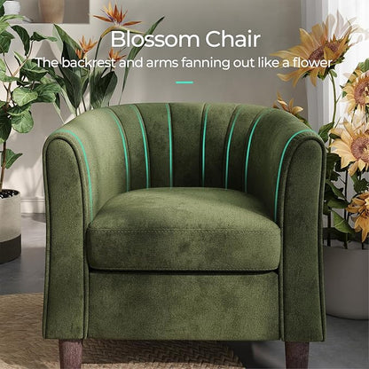 LINSY Accent Chair with Ottoman, Modern Armchair Comfy Barrel Reading Chair with Footrest for Living Room Bedroom Reading Room, Velvet, Olive Green