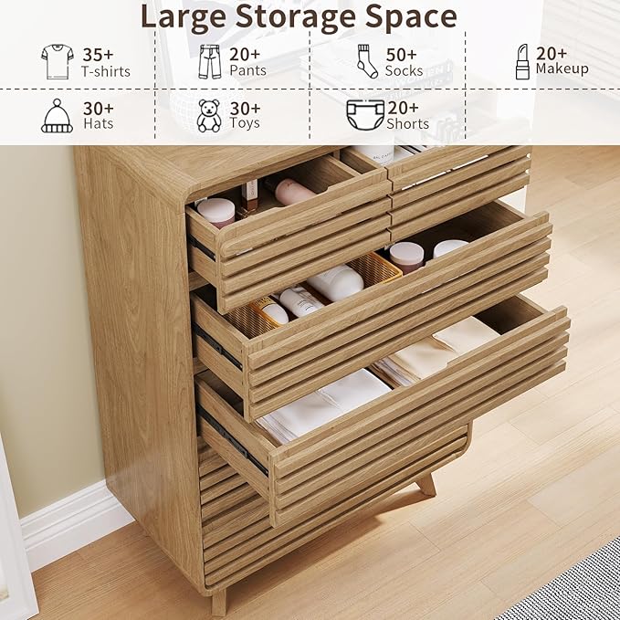 Tall Dresser for Bedroom, Fluted Dresser with 6 Drawers, Chests of Drawers with Grille & Curved Design, Dressers Slides Pre-Installed, Large Wood Drawer Organizer for Bedroom Hallway, Natural Oak