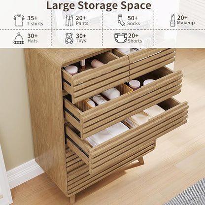 Tall Dresser for Bedroom, Fluted Dresser with 6 Drawers, Chests of Drawers with Grille & Curved Design, Dressers Slides Pre-Installed, Large Wood Drawer Organizer for Bedroom Hallway, Natural Oak