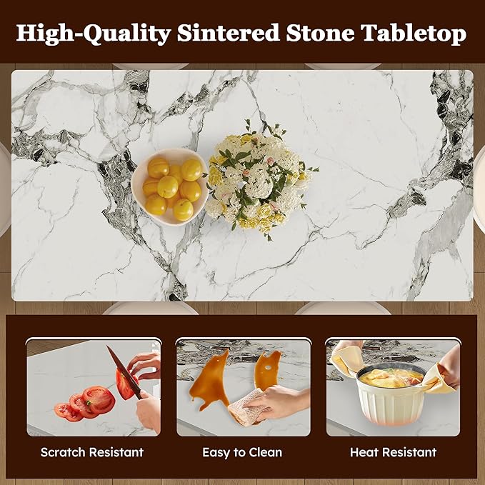 Montary 63" Modern 4-6 Person Dining Table with Storage Cabinet, Artificial Marble Dining Table with Sintered Stone Tabletop & Golden Solid Wood Base, Includes 6 Cream PU Chairs for Kitchen