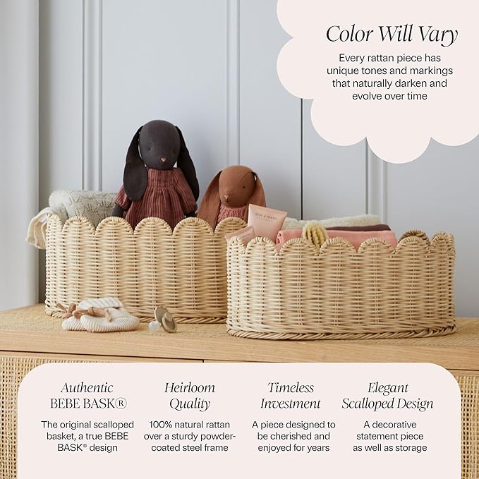 BEBE BASK Premium Scalloped Basket Set Of 2 - Scallop Basket - 16 x 10 x 7 Inch - Hand-Woven Elegant Wicker With Scalloped Edge - Nursery Storage (Natural)