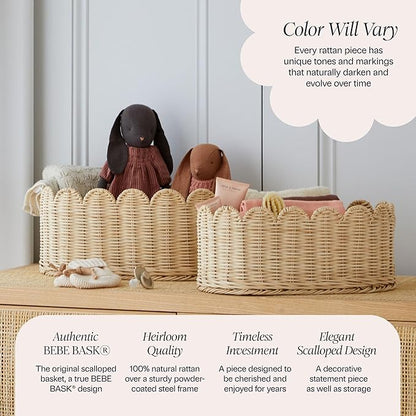 BEBE BASK Premium Scalloped Basket Set Of 2 - Scallop Basket - 16 x 10 x 7 Inch - Hand-Woven Elegant Wicker With Scalloped Edge - Nursery Storage (Natural)