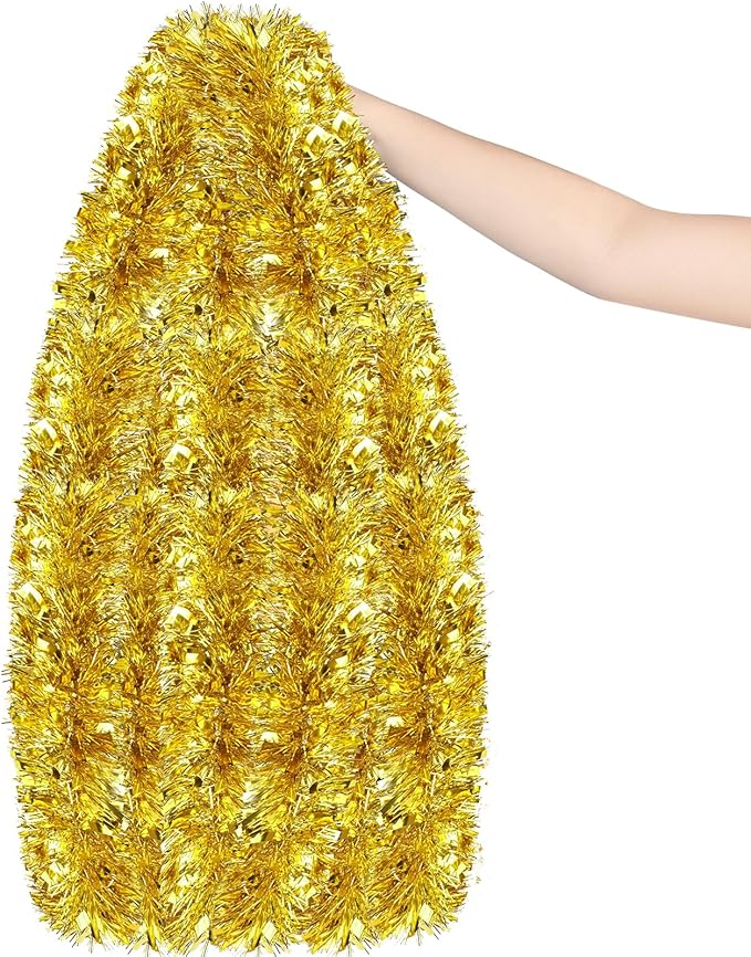 50FT Gold Christmas Tinsel Garland, Metallic Twist Shiny Hanging Garland Ornaments for Xmas Tree Party Supplies Thick Thin Metallic Streamers for Indoor Outdoor Decor