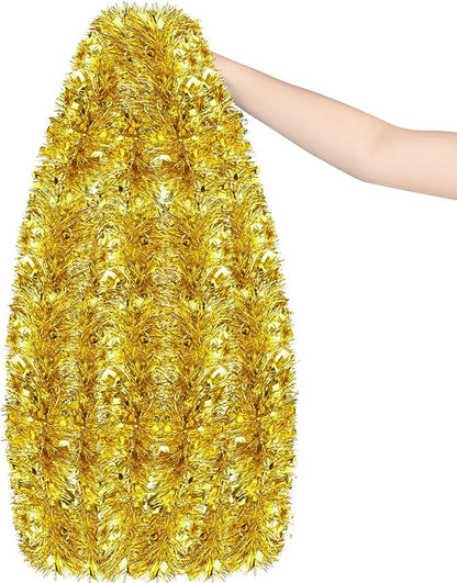 50FT Gold Christmas Tinsel Garland, Metallic Twist Shiny Hanging Garland Ornaments for Xmas Tree Party Supplies Thick Thin Metallic Streamers for Indoor Outdoor Decor