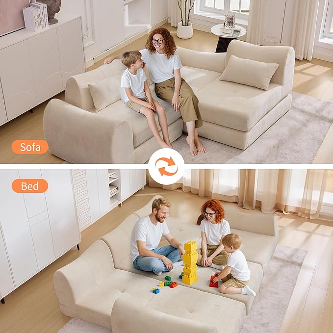 101.6" Modular Sectional Cloud Sofa,Floor Boneless Couch, 4-in-1 Folding Convertible Sofa Bed, Modular Cushion Couch,Suitable for Living Room,Bedroom and Recreation Room (Beige)