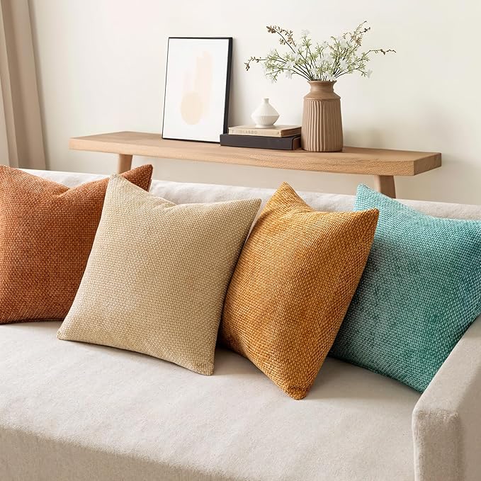 MIULEE Pack of 4 Orange/Teal Throw Pillow Covers 20x20 Inch Yellow Green Soft Decorative Chenille Pillows Farmhouse Accent Cushions for Boho Home Decor Spring Bedroom Living Room