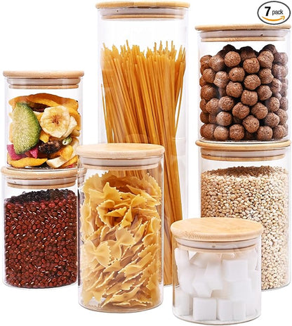 Glass Food Storage Jars, Glass Jars with Bamboo Lids, Kitchen Storage Jars, Canisters with Airtight Lids for Spice, Coffee, Cookie, Set of 7, Pantry Organizers