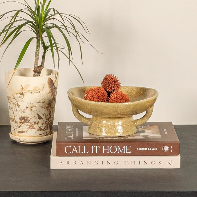 Creative Co-Op Stoneware Footed Pedestal/Bowl with Handles, Reactive Glaze Decorative Object, Taupe