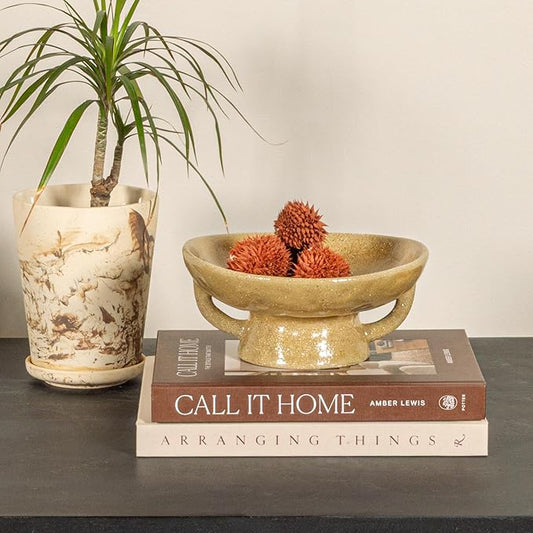 Creative Co-Op Stoneware Footed Pedestal/Bowl with Handles, Reactive Glaze Decorative Object, Taupe