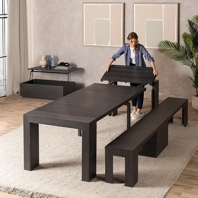 Transformer Expandable Dining Table Set – Solid Wood Table for 2 to 12 with Bench and Coffee Table Panel Storage – Space-Saving Adjustable Dining Furniture (Black, Table + Bench + Coffee Table)
