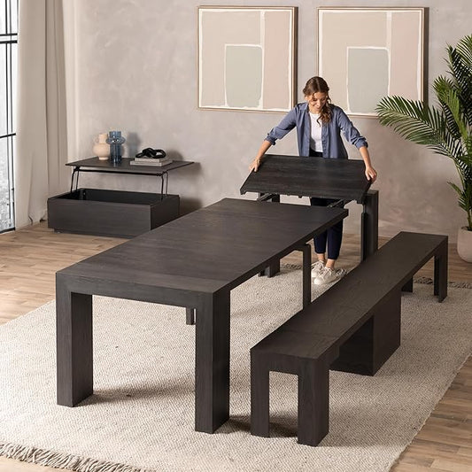 Transformer Expandable Dining Table Set – Solid Wood Table for 2 to 12 with Bench and Coffee Table Panel Storage – Space-Saving Adjustable Dining Furniture (Black, Table + Bench + Coffee Table)