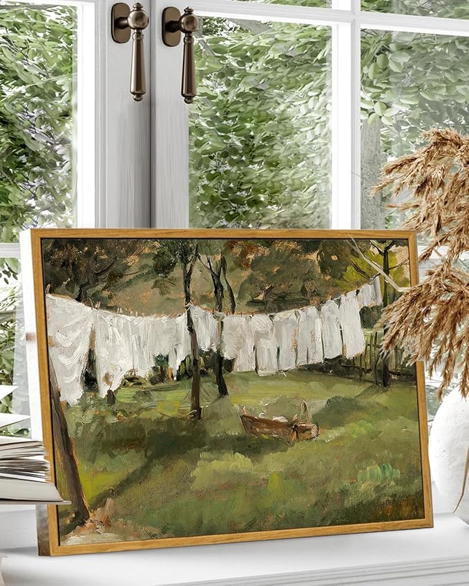 KBKBART Framed Canvas Wall Art Home Decor, Vintage Laundry Room Art Prints Wall Decor, Farmhouse Decor Canvas Oil Painting, Antique Country Landscape Wall Art Prints for Beroom Living Room Bathroom (12"x16")