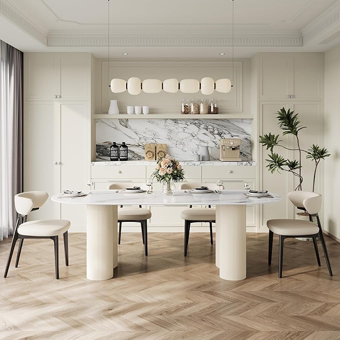 71" Modern Oval Dining Table for 6, Glossy White Sintered Stone Dining Tabletop with Dual-Pedestal, Easy Assembly Dining Room Table for Home Kitchen (Table Only)