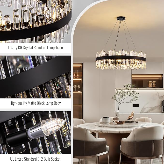 Siljoy Modern Crystal Chandelier 16-Light Farmhouse Black Round Crystal Raindrop Chandelier Industrial Dimmable Crystal Pendant Ceiling Light Fixture for Dining Living Room Entryway Foyer D31.5''