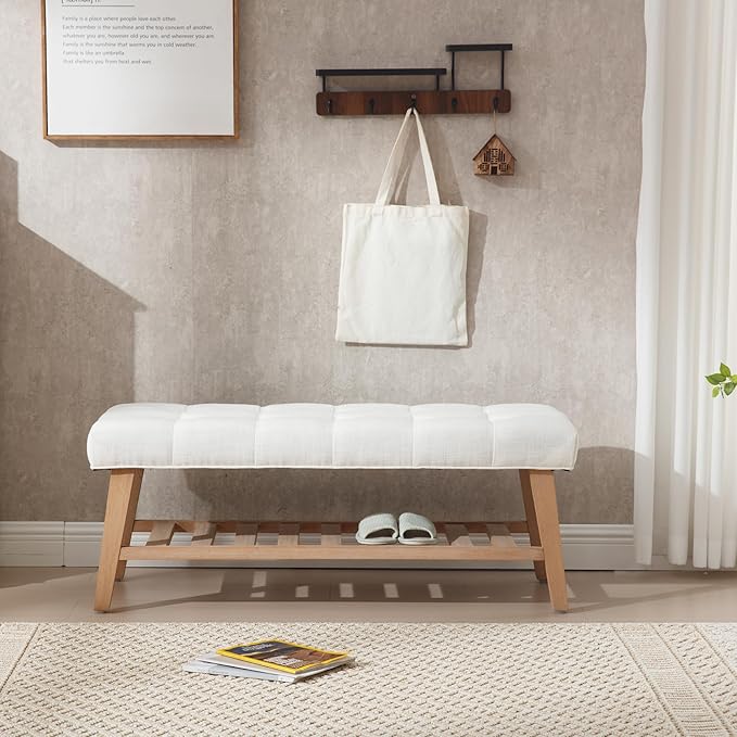 Wooden Entryway Bench for End of Bed Bench with Shoe Shelf Farmhouse Button Tufted Linen Fabric Upholstered Hallway Bench for Living Room/Bedroom/Hallway/Window Corner, Ivory