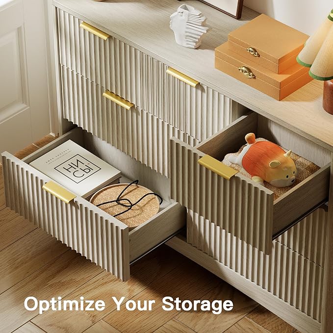 Pipishell Fluted 7 Drawers Dresser for Bedroom, 47" Wooden Drawers with Metal Handle, Dressers with Round Corner Design, Closet Storage Organizer for Bedroom, Hallway, Grey