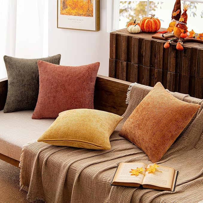 MIULEE Pack of 4 Fall Orange/Yellow Throw Pillow Covers 20x20 Inch Halloween Soft Decorative Chenille Pillows Farmhouse Accent Cushions for Boho Home Decor Spring Bedroom Living Room