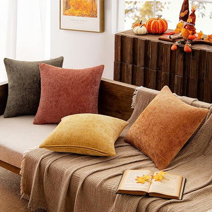 MIULEE Pack of 4 Fall Orange/Yellow  Throw Pillow Covers 18x18 Inch Halloween Soft Decorative Chenille Pillows Farmhouse Accent Cushions for Boho Home Decor Spring  Bedroom Living Room
