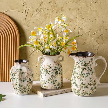Ceramic Vases Set of 3, Green & Beige Chinoiserie Flower Pitcher Vase, Farmhouse Vintage Floral Vase Home Decor for Mantle, Fireplace, Kitchen Counter, Living Room Bookshelf Rustic Table Centerpiece