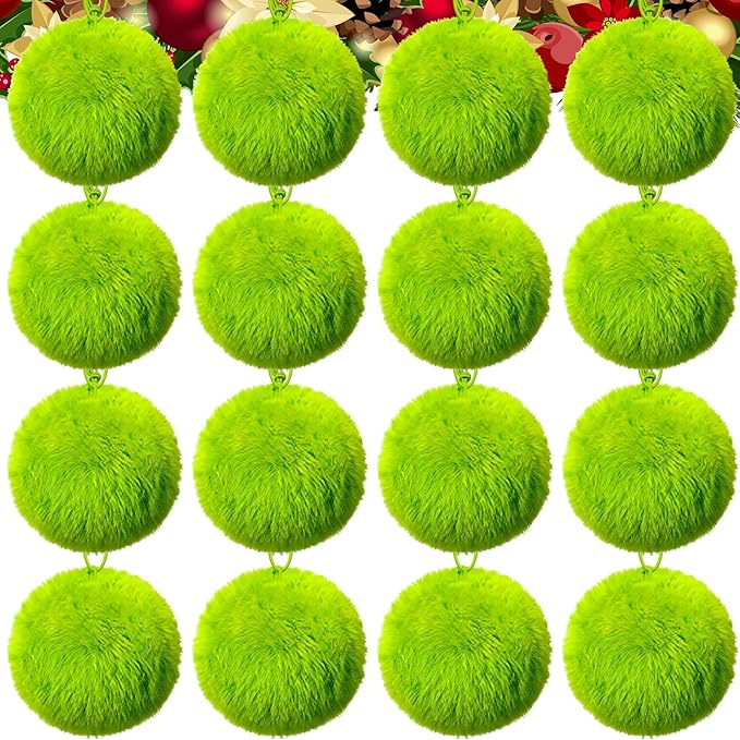 16 Pcs Large Lime Green Furry Christmas Ball Ornaments for Tree Green Christmas Hanging Decorations 4’’ Soft Faux Fur Pom Pom Ball Ornaments for Home Party Supply Fireplace Mantel Wall Decor