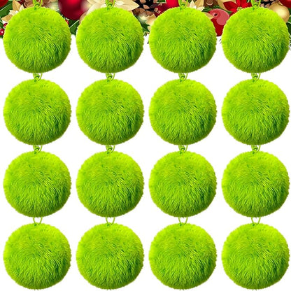 16 Pcs Large Lime Green Furry Christmas Ball Ornaments for Tree Green Christmas Hanging Decorations 4’’ Soft Faux Fur Pom Pom Ball Ornaments for Home Party Supply Fireplace Mantel Wall Decor