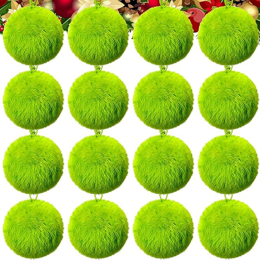 16 Pcs Large Lime Green Furry Christmas Ball Ornaments for Tree Green Christmas Hanging Decorations 4’’ Soft Faux Fur Pom Pom Ball Ornaments for Home Party Supply Fireplace Mantel Wall Decor