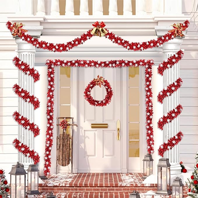 50 Feet Red Christmas Tinsel Garland with Snowflake Ornaments Metallic Twist Shiny Xmas Decorations Tree Garlands for Home Mantle Office Stair Indoor Outdoor Holiday Decor Party Supplies