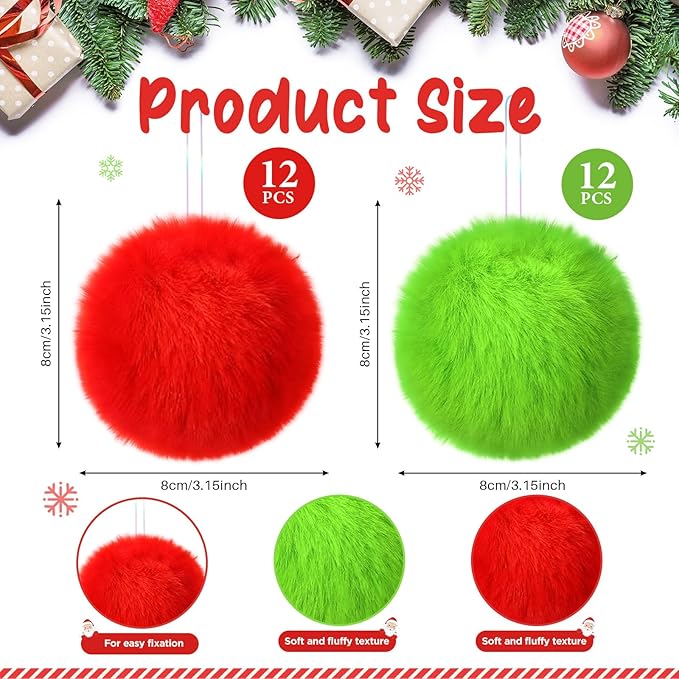 12Pcs Furry Christmas Ball Ornament for Xmas Tree Red Green Soft Faux Fur Pom Pom Ball Ornaments Green Christmas Tree Hanging Decorations for Winter Party Home Decor Costume Supplies