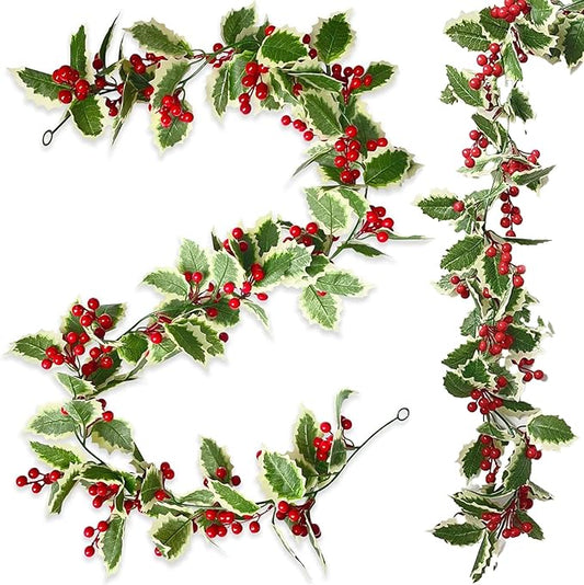 Christmas Garland Decorations, Artificial Berry Garland, Realistic Greenery Garland for Staircase, Mantle, Banister, Fireplace, Wall, Door, Table, Indoor & Outdoor Holiday Xmas Decor 5.75 FT