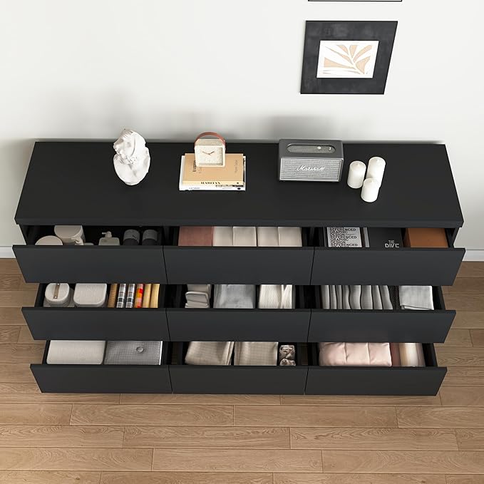 Dresser for Bedroom,9 Storage Drawers,63'' Modern Dresser with Metal Handle,TV Stand for 65 inch,Storage Organizer Furniture,Hallway,Entryway,Closet(Black)