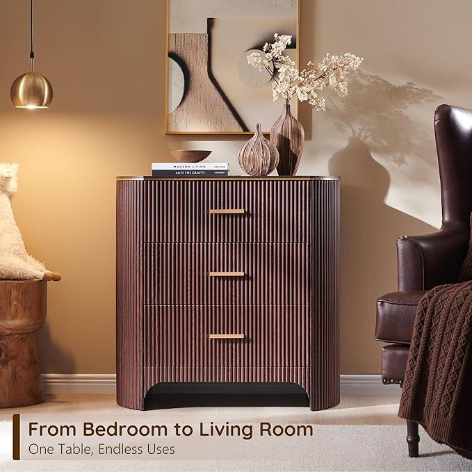 Fluted 3 Drawers Nightstand with Charging Station,31.7" W Bedside Table with Curved Profile Design,End Table Storage with USB Ports for Bedroom,Living Room,Gold Metal Handle, Brown Oak