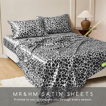 MR&HM Satin Sheets with Elastic Corner Straps, Queen Size Sheets Set, 4 Pcs Silky Bedding Set with 15 Inches Deep Pocket for Mattress (Queen, White Leopard)