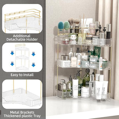 Makeup Organizer Countertop 3 Tier, Corner Bathroom Countertop Organizer with Toothbrush and Makeup Brush Holder, Corner Vanity for Skincare Organization
