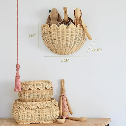 BEBE BASK Scalloped Wicker Wall Basket - The Original - Hand Woven Basket - Scalloped Décor Wall Hanging Baskets -16" x 10" x 7"In - Hanging Wall Basket (Natural)