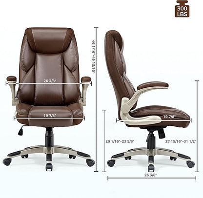 EUREKA ERGONOMIC Galene Executive Office Chair Flip Up Arm Rest, Ergonomic Desk Chair Faux Leather Computer Chair, High Back Office Chair with Headrest, Home Desk Chairs with Wheels, Brown