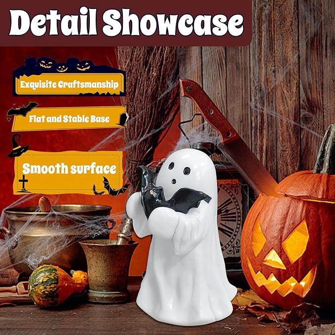 Halloween Ghost Figurine - Spooky Resin Ghost Statue, Hugging The Ghost of a Bat Ghost Halloween Decor Home Decoration Humorous Desktop Art Piece