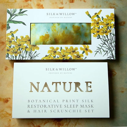 Silk & Willow 100% Pure Mulberry Silk Sleep Eye Mask & Hair Scrunchie Gift Set (Teal Marigold)