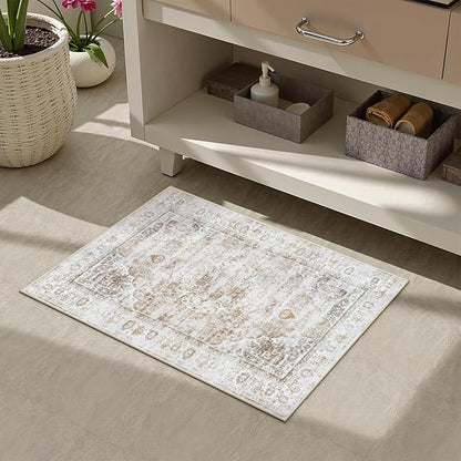 Uphome Boho Bathroom Rugs, Distressed Farmhouse Light Khaki Bath Mat, Comfy Velvet Small Bath Rugs Non Slip Washable, Vintage Oriental Toilet Rug for Sink Shower Vanity, 20x32 inch