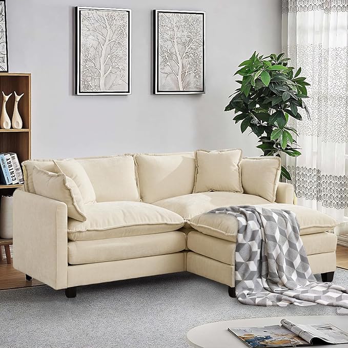 SoarFlash 71.6" Chenille Sectional Sofa, Comfy L Shaped Modular Coush Sofa with Ottoman, Modern 2 Seat Couch Deep Seat Sofa Set for Living Room,Beige