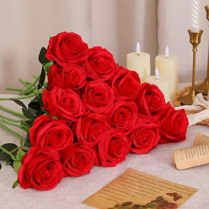 Nubry 50pcs Artificial Silk Roses Bulk,Fake Roses Flower with Stems Realistic Flowers for Wedding Centerpiece Home Party Decor(Red)