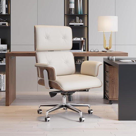 homary Modern Home Office Chair, High Back Swivel Desk Chair, Faux Leather Ergonomic Task Chair with Adjustable Height & Rolling Base, White