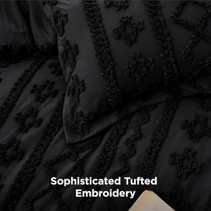 Bedsure Tufted Boho Comforter Set Oversized Queen - Black Boho Bed Set, GentleSoft™ 3 Pieces Farmhouse Shabby Chic Embroidery Bedding, Gifts for Woman, Soft Jacquard Comforter for All Seasons