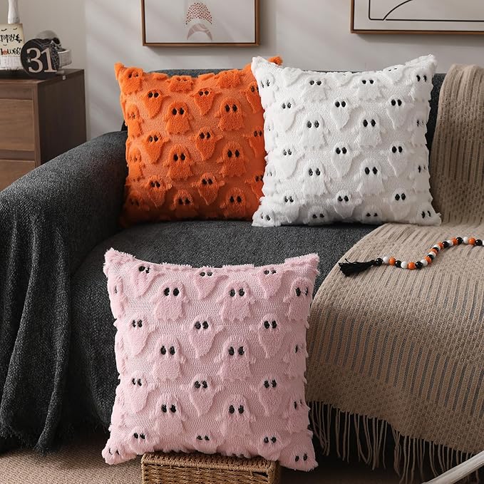 DFXSZ Halloween Pillow Covers 24x24 inch Set of 2 White Ghost Throw Pillow Cases Soft Plush Faux Fur Wool Cushion Case for Chair Bedroom Living Room Home Decor PTK03A24