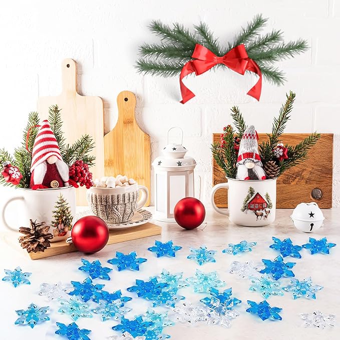 120Pcs Winter Acrylic Snowflake Ornaments 3D Blue Translucent Snowflake Crystals Gems Christmas Xmas Pendant Beads DIY Crafts for Vase Filler, Party Wedding Arts Crafts Decoration