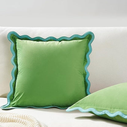 MONDAY MOOSE Decorative Throw Pillow Covers Cushion Cases, Set of 2 Soft Velvet Scalloped Wavy Edge Designs, Pillow Inserts Not Included (Light Blue/Light Green, 20x20 inch)